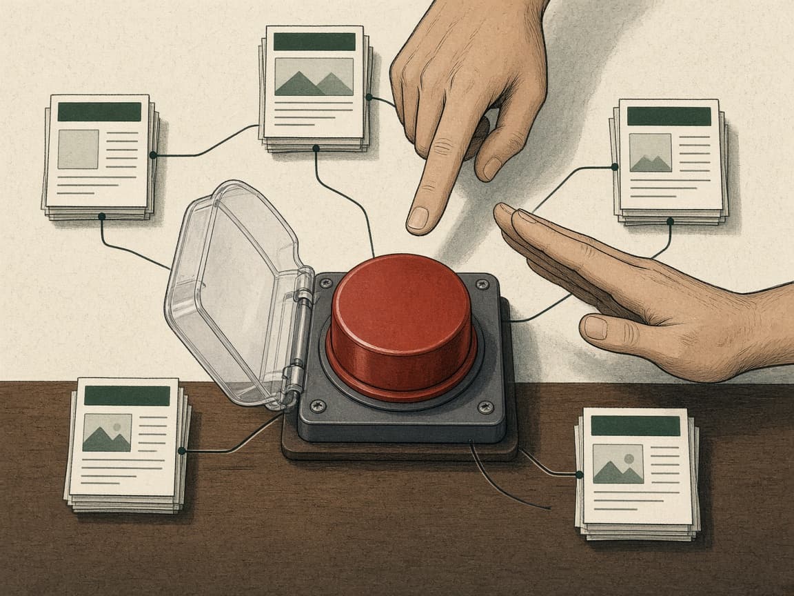 A finger hovers over a big red button connected by wires to many web pages, while a second hand reaches in to stop it.
