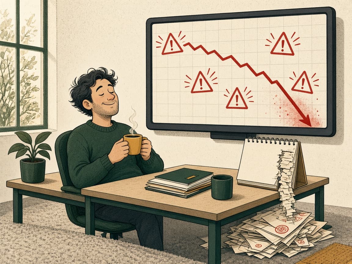 A calm office worker sips coffee with eyes closed while a wall monitor behind him shows a plunging red traffic chart and warning signs, and a desk calendar has had many pages torn off.